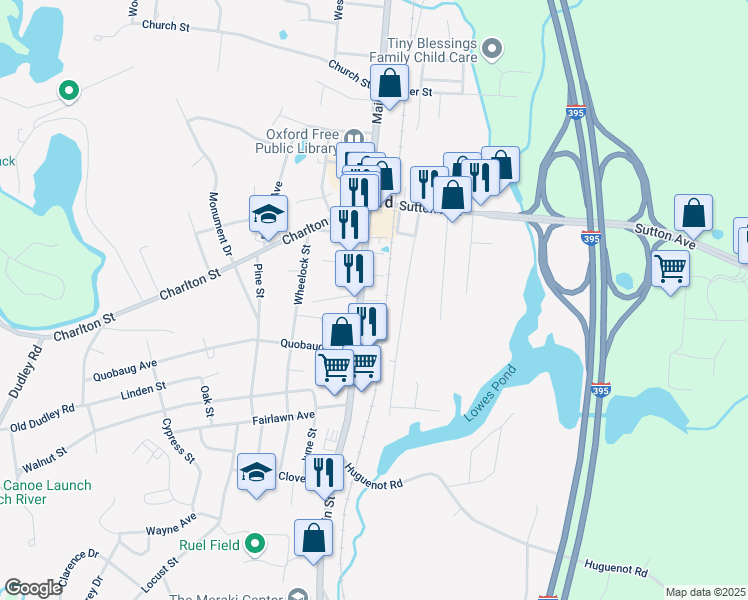 map of restaurants, bars, coffee shops, grocery stores, and more near 266 Main Street in Oxford