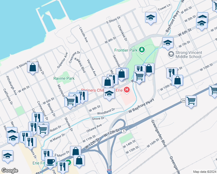 map of restaurants, bars, coffee shops, grocery stores, and more near 722 Lincoln Avenue in Erie