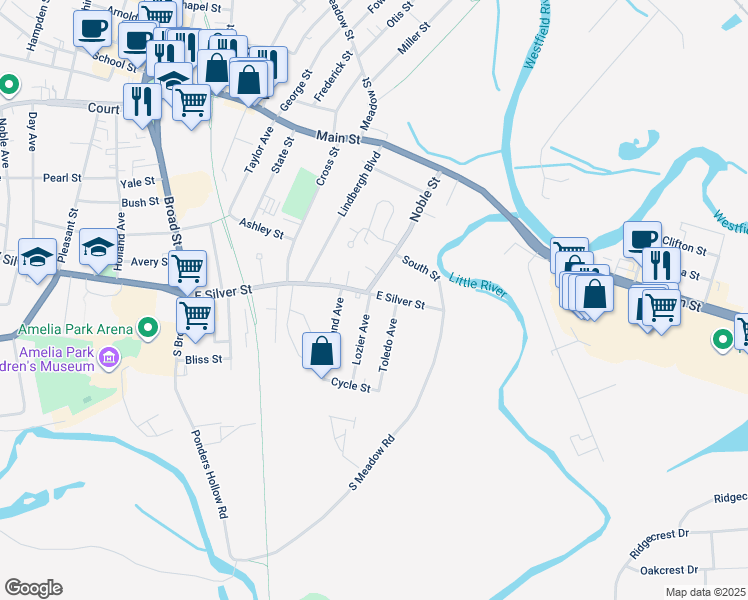 map of restaurants, bars, coffee shops, grocery stores, and more near 65 East Silver Street in Westfield