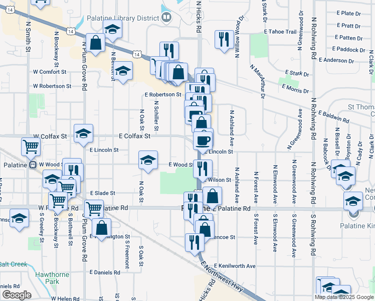 map of restaurants, bars, coffee shops, grocery stores, and more near 161 North Schubert Street in Palatine