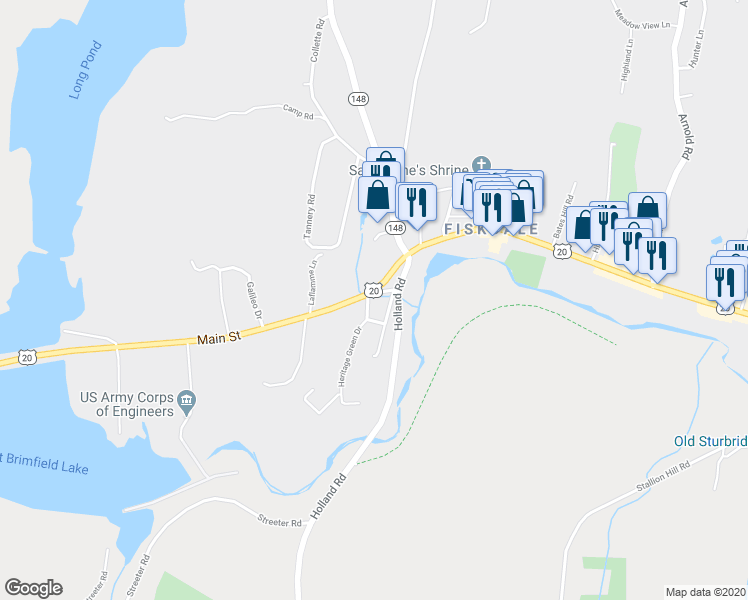map of restaurants, bars, coffee shops, grocery stores, and more near 1 Commonwealth Avenue in Sturbridge