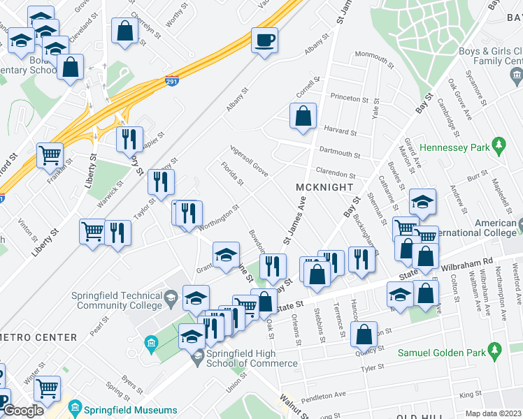 map of restaurants, bars, coffee shops, grocery stores, and more near 110 Florida Street in Springfield