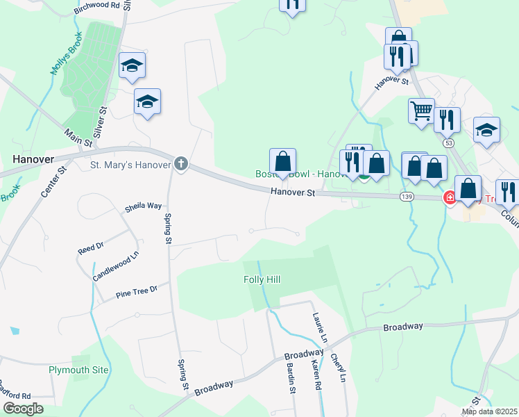 map of restaurants, bars, coffee shops, grocery stores, and more near 20 Tindale Way in Hanover