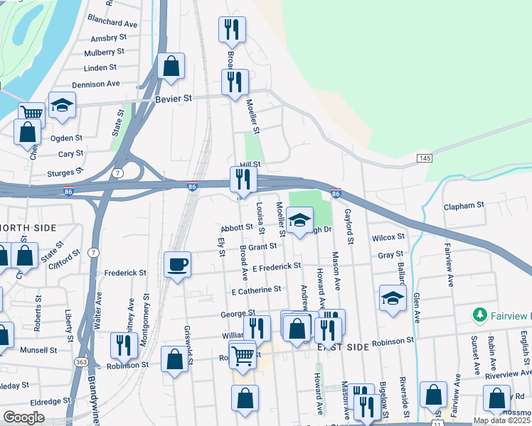 map of restaurants, bars, coffee shops, grocery stores, and more near 86 Louisa Street in Binghamton