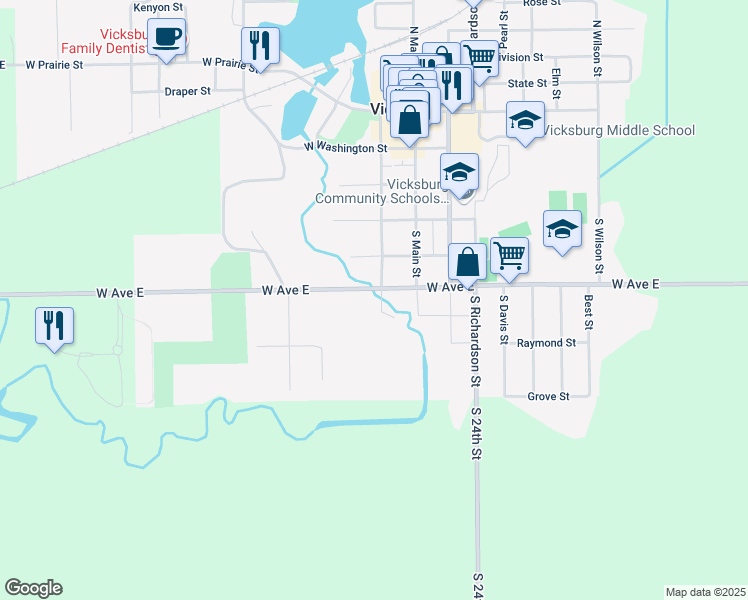 map of restaurants, bars, coffee shops, grocery stores, and more near 201 West Highway Street in Vicksburg