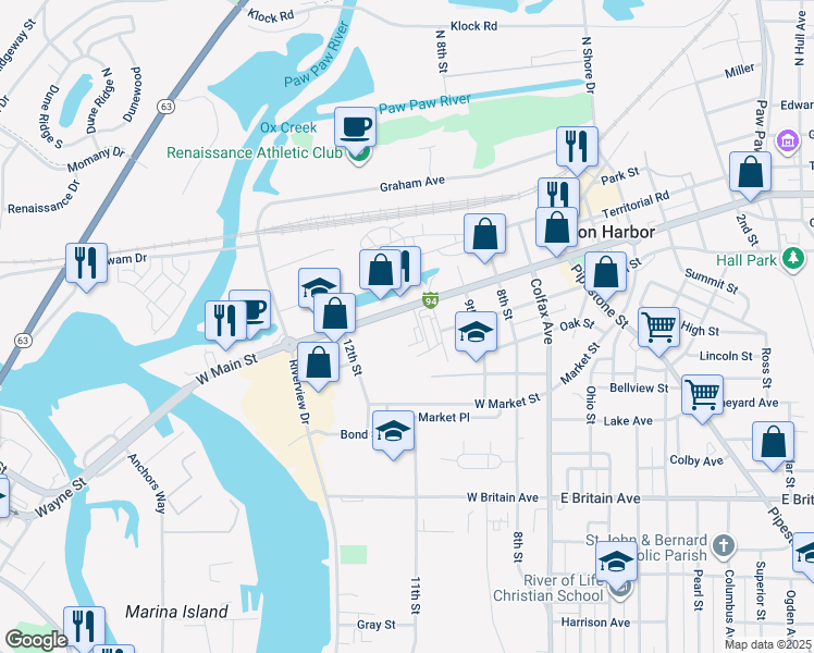 map of restaurants, bars, coffee shops, grocery stores, and more near 330 West Main Street in Benton Harbor