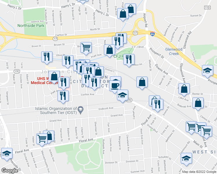 map of restaurants, bars, coffee shops, grocery stores, and more near 155 Main Street in Johnson City