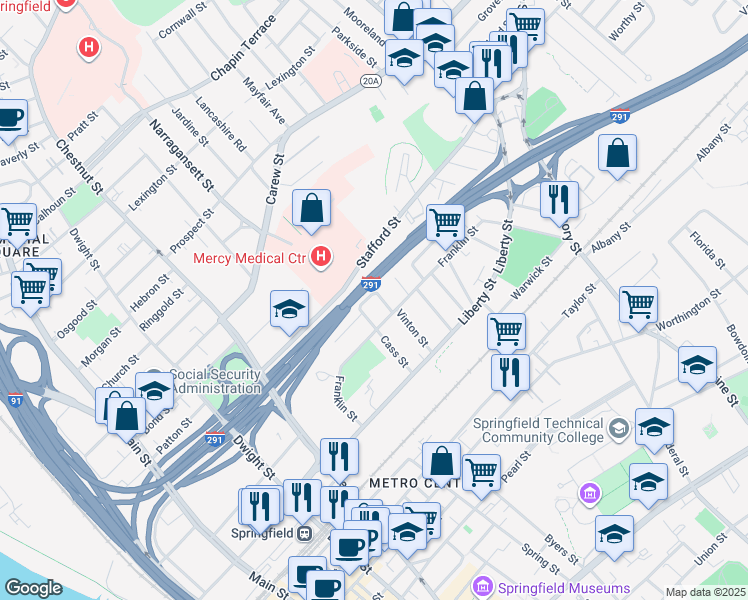 map of restaurants, bars, coffee shops, grocery stores, and more near 24-26 Leonard Street in Springfield