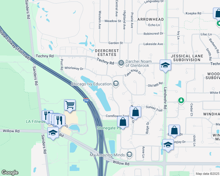 map of restaurants, bars, coffee shops, grocery stores, and more near 3483 Whirlaway Drive in Northbrook