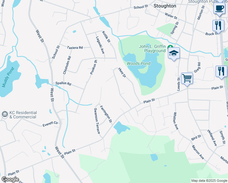 map of restaurants, bars, coffee shops, grocery stores, and more near 95 Hunt Drive in Stoughton