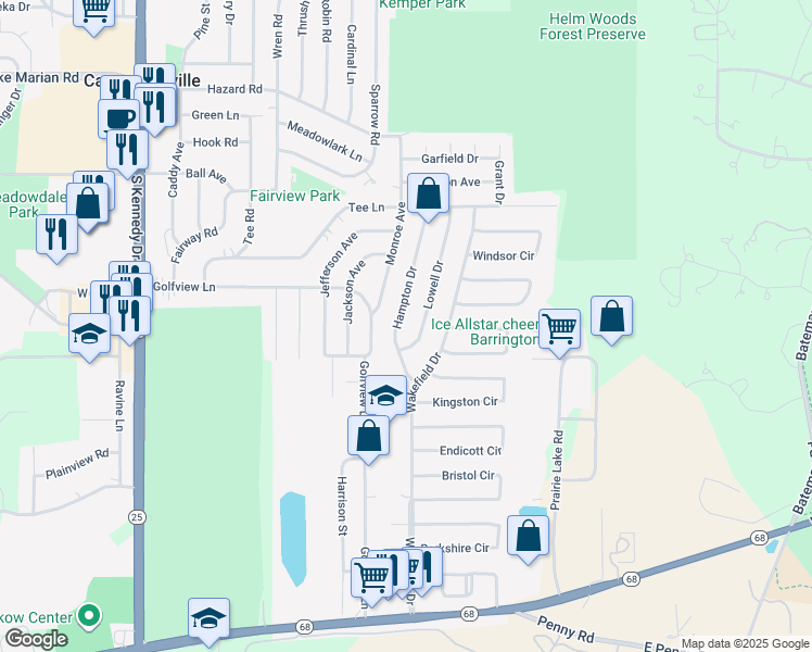 map of restaurants, bars, coffee shops, grocery stores, and more near 6020 Hampton Drive in Carpentersville