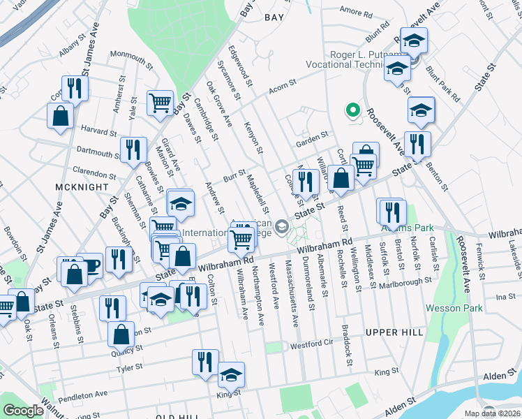 map of restaurants, bars, coffee shops, grocery stores, and more near 32 Mapledell Street in Springfield