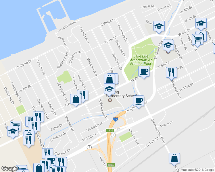 map of restaurants, bars, coffee shops, grocery stores, and more near 720 Lincoln Avenue in Erie