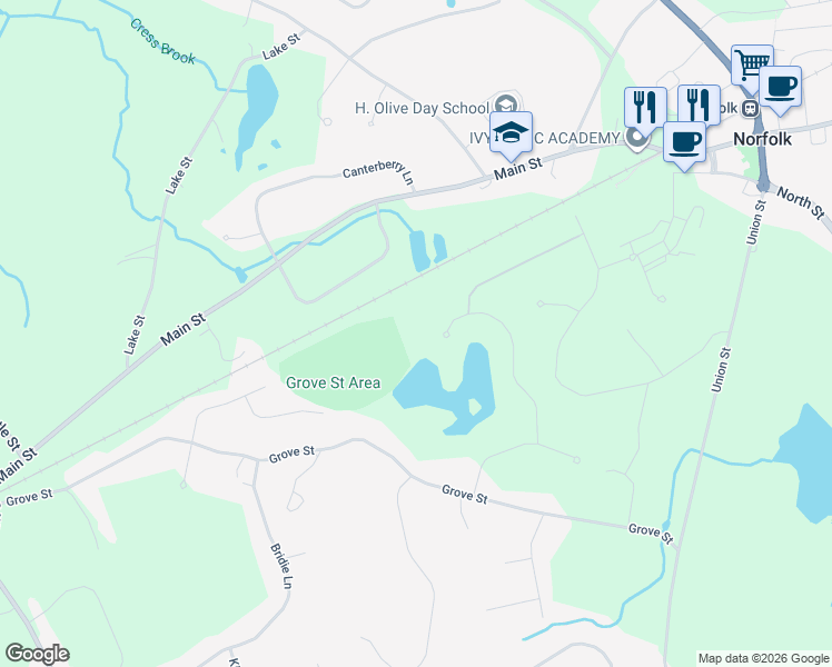 map of restaurants, bars, coffee shops, grocery stores, and more near 18 Keeney Pond Road in Norfolk