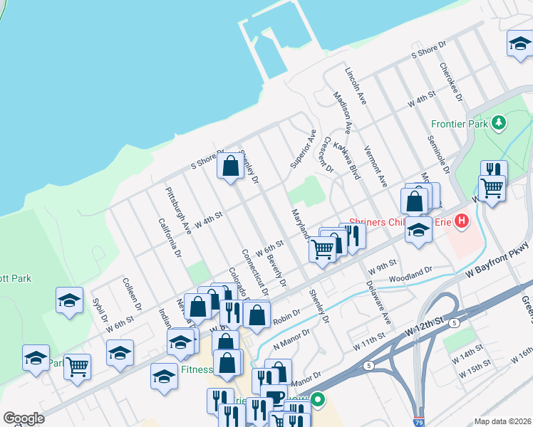 map of restaurants, bars, coffee shops, grocery stores, and more near 430 Shenley Drive in Erie
