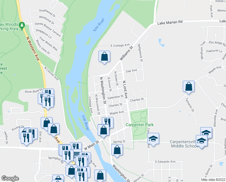 map of restaurants, bars, coffee shops, grocery stores, and more near 218 North Grove Street in Carpentersville