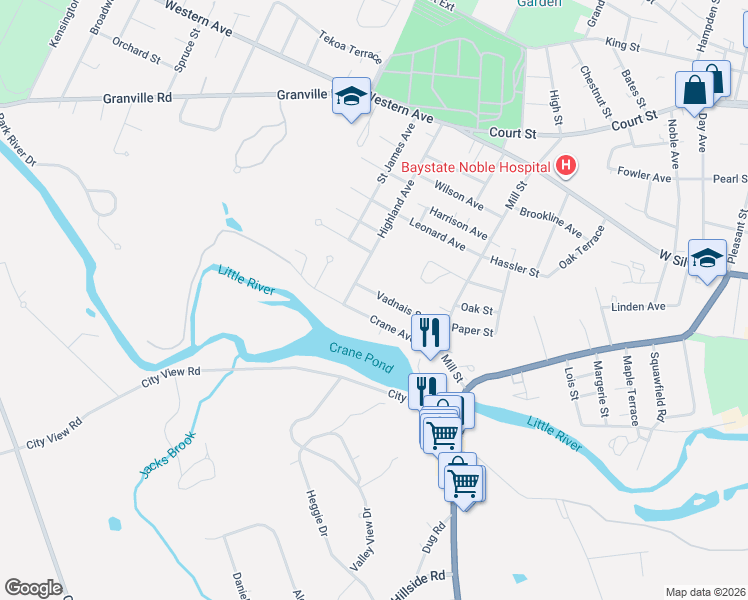 map of restaurants, bars, coffee shops, grocery stores, and more near 70 Vadnais Street in Westfield