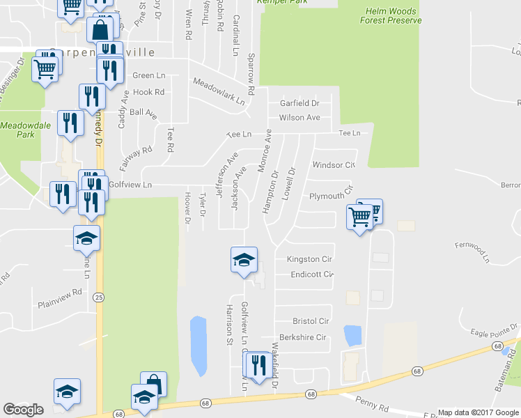 map of restaurants, bars, coffee shops, grocery stores, and more near 6020 Hampton Drive in Carpentersville