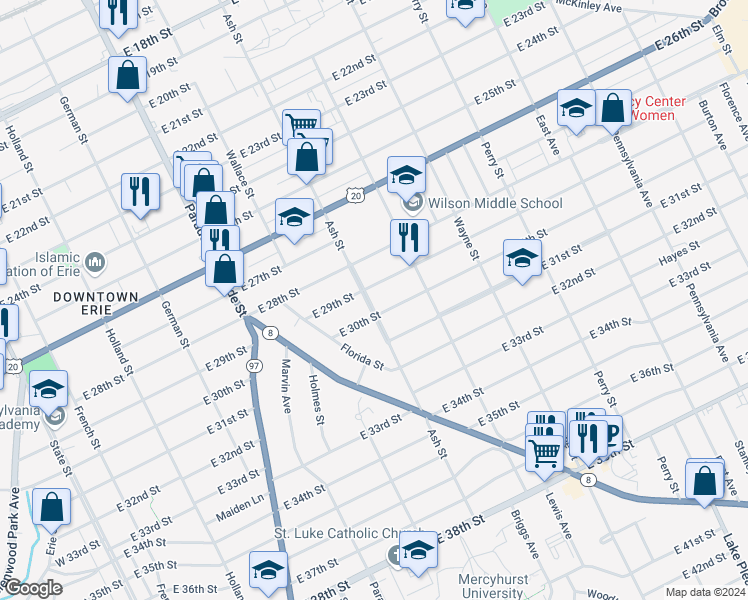 map of restaurants, bars, coffee shops, grocery stores, and more near 2911 Ash Street in Erie