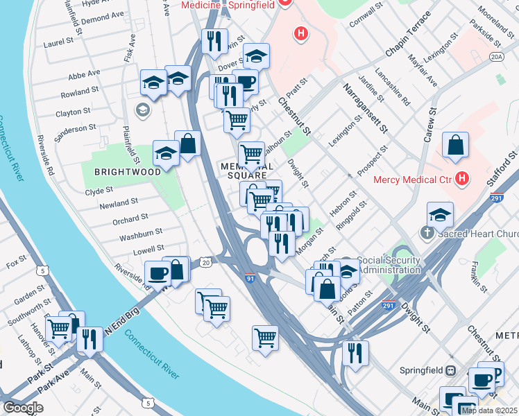 map of restaurants, bars, coffee shops, grocery stores, and more near 2595 Main Street in Springfield