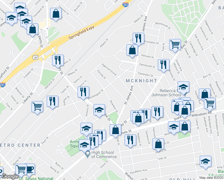 map of restaurants, bars, coffee shops, grocery stores, and more near 116 Florida Street in Springfield