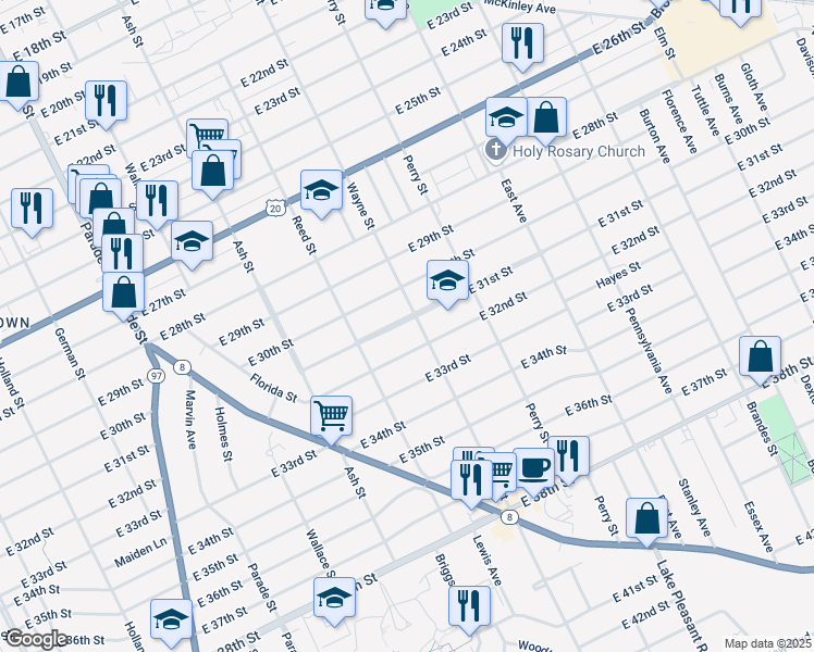 map of restaurants, bars, coffee shops, grocery stores, and more near 751 East 31st Street in Erie