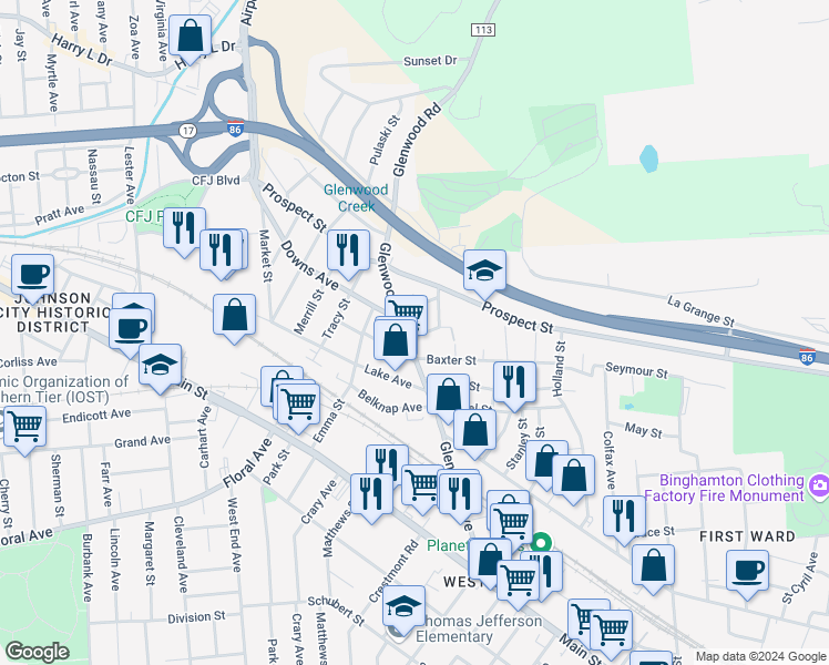 map of restaurants, bars, coffee shops, grocery stores, and more near 88 Glenwood Avenue in Binghamton