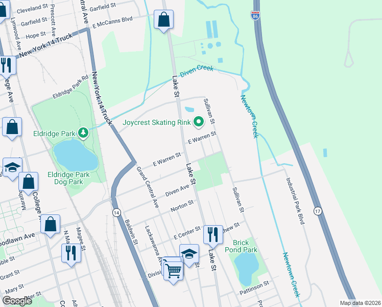 map of restaurants, bars, coffee shops, grocery stores, and more near 1456 Lake St in Elmira