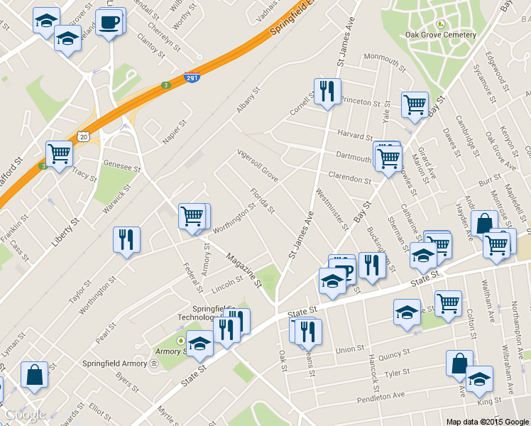 map of restaurants, bars, coffee shops, grocery stores, and more near 110 Florida Street in Springfield