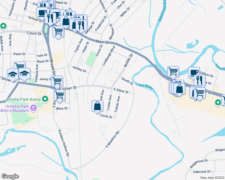 map of restaurants, bars, coffee shops, grocery stores, and more near 65 East Silver Street in Westfield