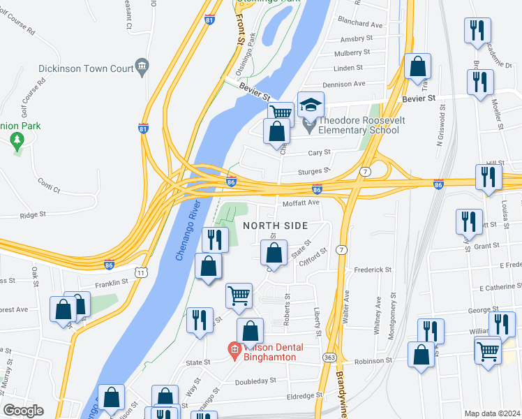 map of restaurants, bars, coffee shops, grocery stores, and more near 8 Truesdell Street in Binghamton