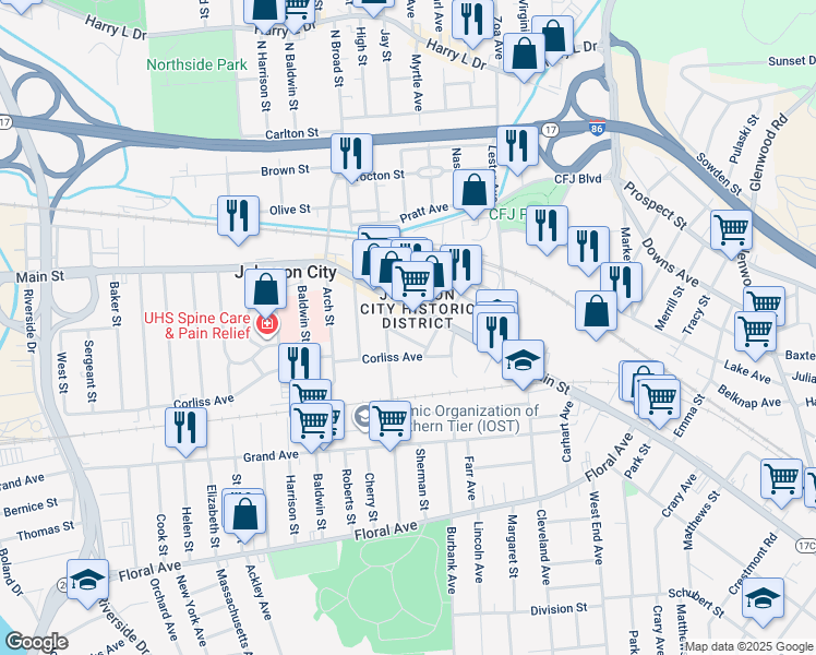 map of restaurants, bars, coffee shops, grocery stores, and more near 23 Lewis Street in Johnson City