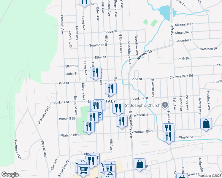 map of restaurants, bars, coffee shops, grocery stores, and more near 319 Hill Avenue in Endicott