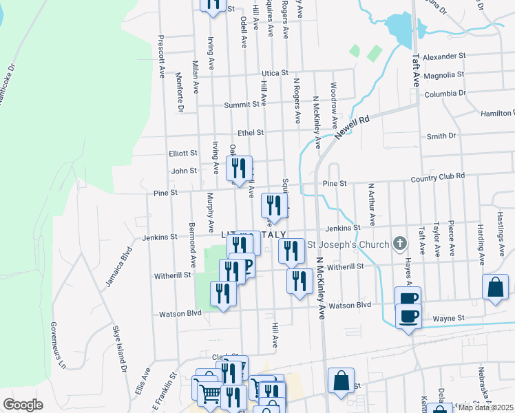 map of restaurants, bars, coffee shops, grocery stores, and more near 319 Hill Avenue in Endicott