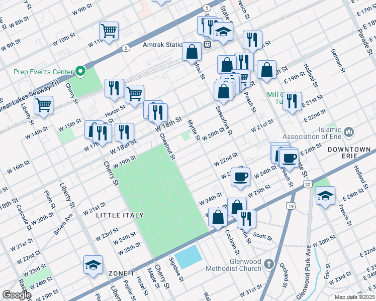 map of restaurants, bars, coffee shops, grocery stores, and more near 321 West 20th Street in Erie