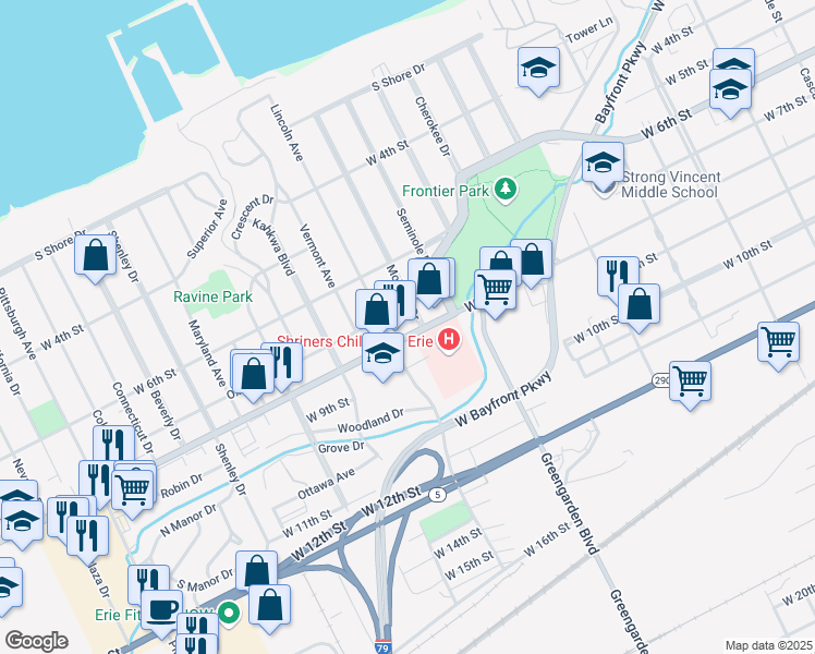 map of restaurants, bars, coffee shops, grocery stores, and more near 712 Mohawk Drive in Erie