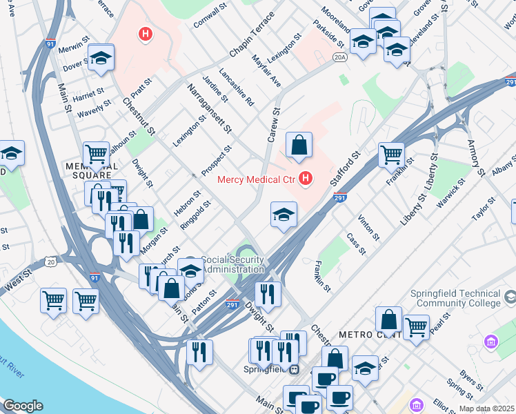 map of restaurants, bars, coffee shops, grocery stores, and more near 209 Carew Street in Springfield