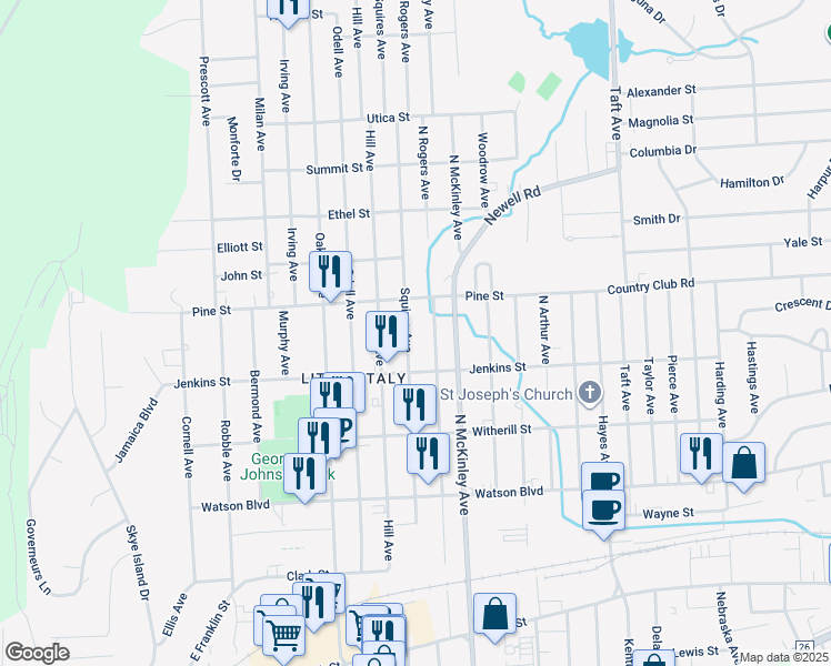map of restaurants, bars, coffee shops, grocery stores, and more near 318 Squires Avenue in Endicott