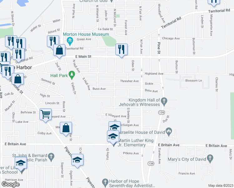 map of restaurants, bars, coffee shops, grocery stores, and more near 215 South McCord Street in Benton Harbor