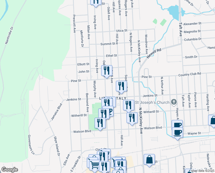 map of restaurants, bars, coffee shops, grocery stores, and more near 320 Oak Hill Ave in Endicott