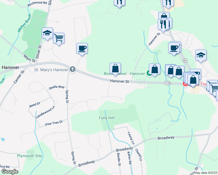 map of restaurants, bars, coffee shops, grocery stores, and more near 20 Tindale Way in Hanover