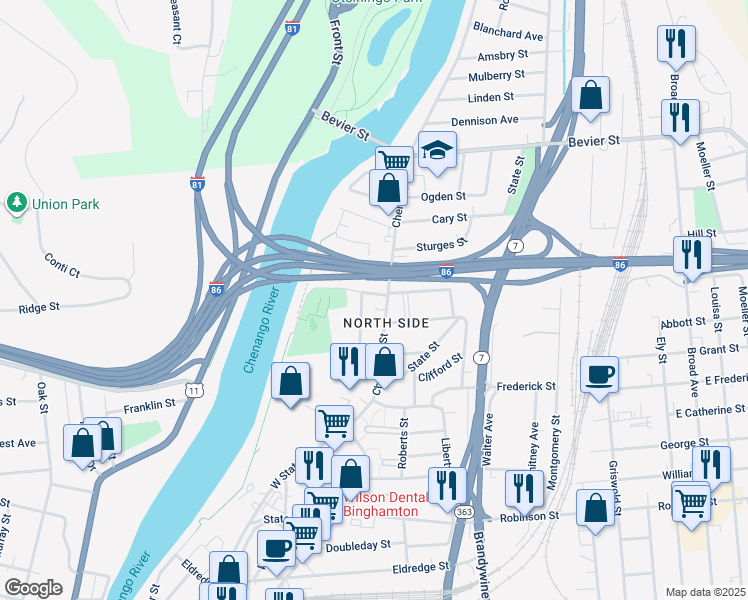 map of restaurants, bars, coffee shops, grocery stores, and more near 8 Truesdell St in Binghamton