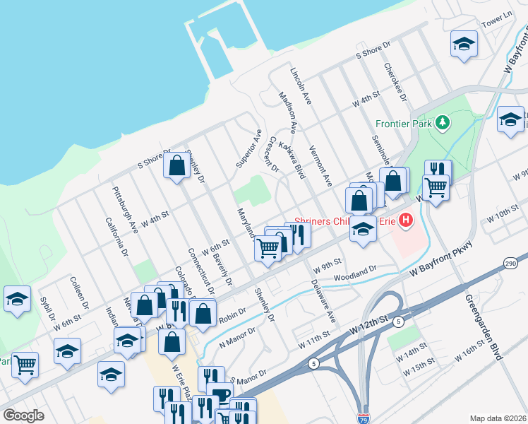 map of restaurants, bars, coffee shops, grocery stores, and more near 517 Maryland Avenue in Erie