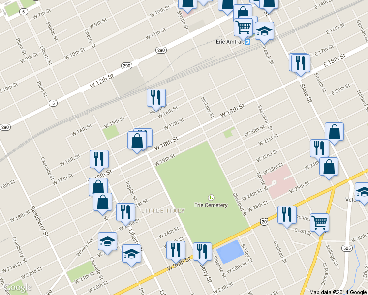 map of restaurants, bars, coffee shops, grocery stores, and more near 452 W 19th St in Erie