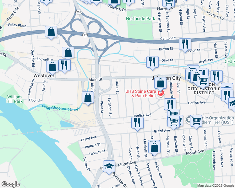 map of restaurants, bars, coffee shops, grocery stores, and more near Baker Street & Sturtevant Street in Johnson City