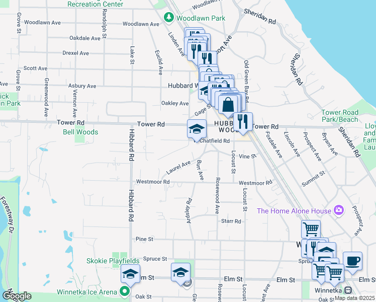 map of restaurants, bars, coffee shops, grocery stores, and more near 1110 Chatfield Road in Winnetka