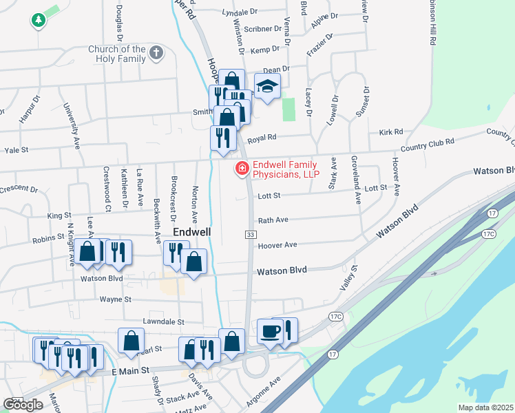 map of restaurants, bars, coffee shops, grocery stores, and more near 306 Hooper Road in Endicott