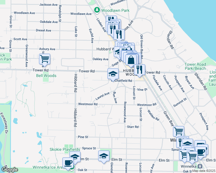 map of restaurants, bars, coffee shops, grocery stores, and more near 1110 Chatfield Road in Winnetka