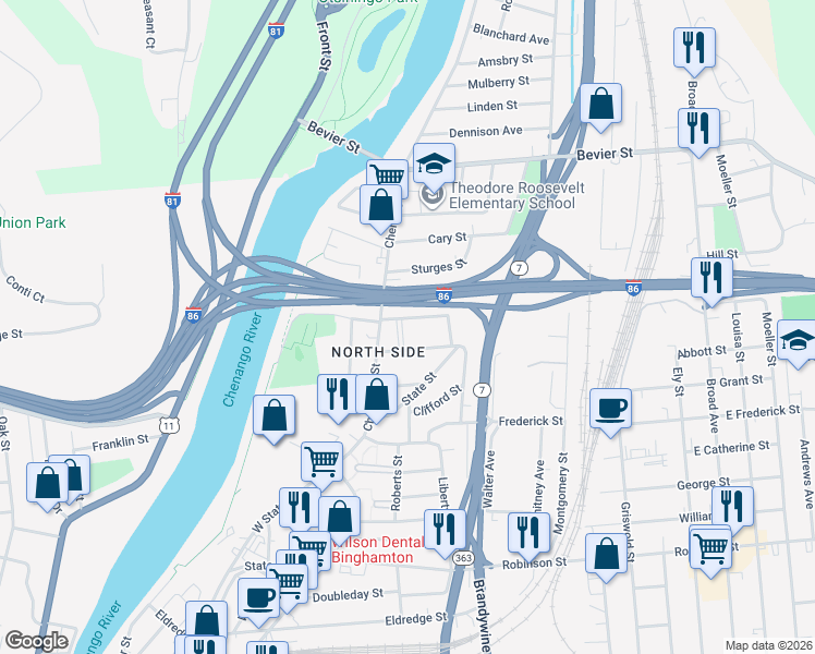 map of restaurants, bars, coffee shops, grocery stores, and more near 6 Moffatt Avenue in Binghamton