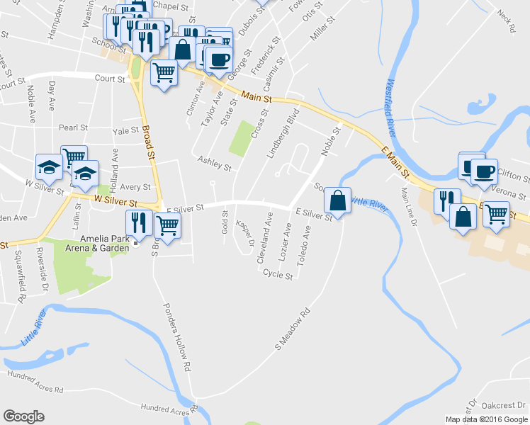 map of restaurants, bars, coffee shops, grocery stores, and more near 51 E Silver St in Westfield